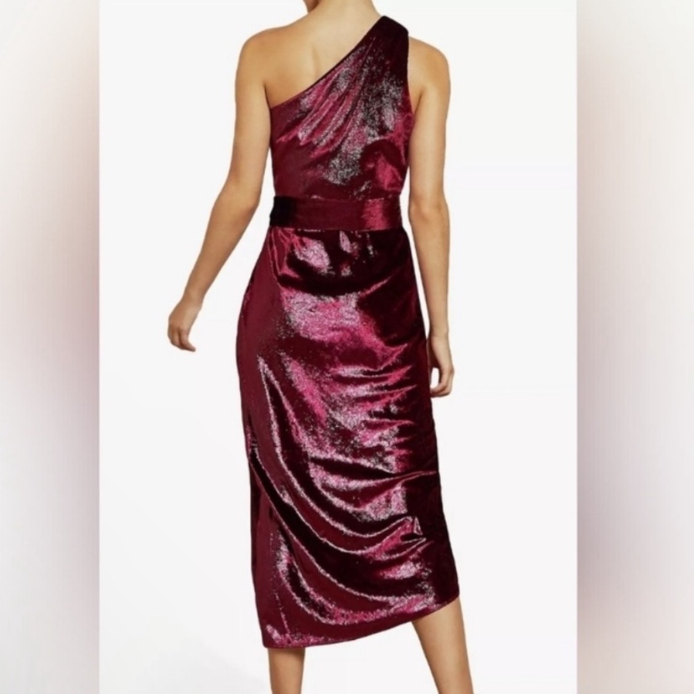 Ted Baker One-Shoulder Metallic Velvet Dress in Deep Red